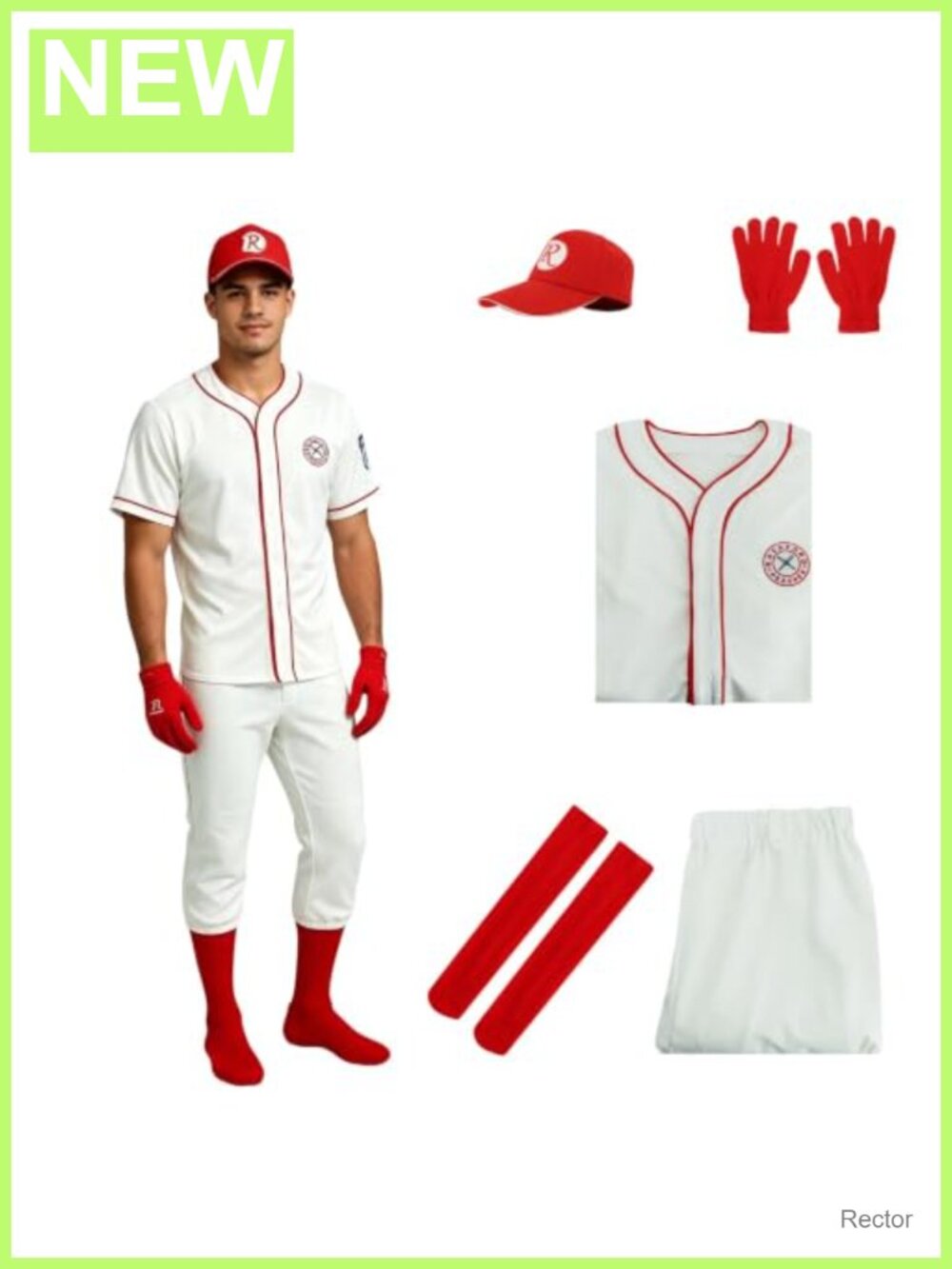 Vintage Baseball Costume Set Men White Red Jersey Pants Cap